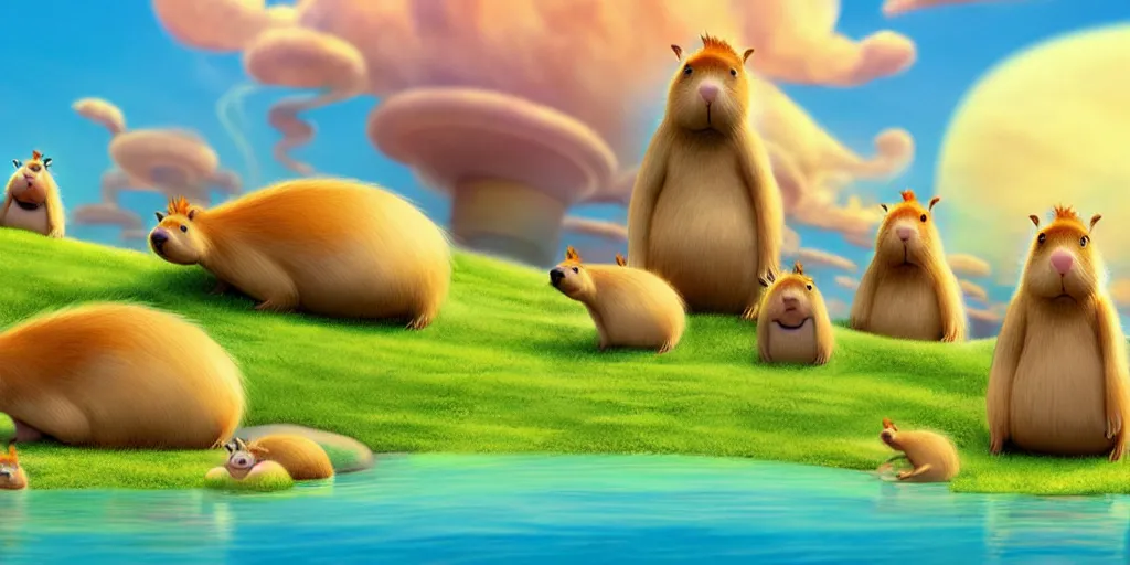 Prompt: cartoon concept art, capybara character, spiral clouds, from lorax movie