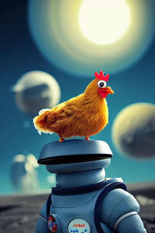 Image similar to a lonely chicken wearing a space suit without helmet in a alien planet, profile picture, digital art, concept art, trending on DeviantArt, highly detailed, high quality, 4K, cartoon, high coherence, path traced, blue sky in the background, octane render, digital painting, no helmet, masterpiece, anatomically correct, hyperrealistic