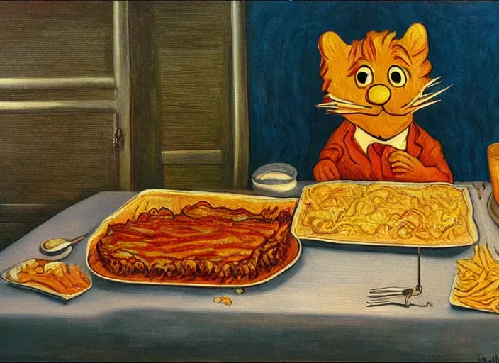 Image similar to detailed realistic surrealist painting of garfield eating lasagna at dusk, in the style of vincent van gogh and salvador dali and wayne barlowe