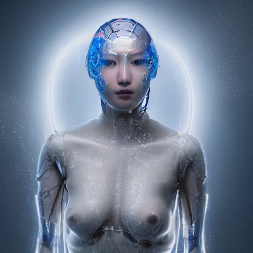 Prompt: beautiful centered Fine art photo portrait of enraptured HoYeon Jung as a solarpunk robotic humanoid emerging from water, white mechanical parts with led lights, photorealistic, white background, highly detailed and intricate, sunset lighting, HDR 8k