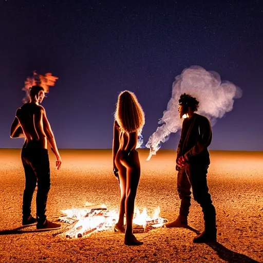 Image similar to atmospheric photograph of three fully clothed ravers, two men, one woman, photographed from behind, talking around a fire, photorealistic, dancefloor kismet, diverse costumes, clean composition, desert transition area, bonfire, night, australian desert, xf iq 4, symmetry, sony a 7 r, 1 5 0 mp, 5 0 mm