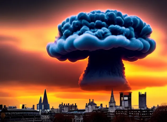 Image similar to nuclear mushroom cloud over london, 8 k, sharp detail, depth of field