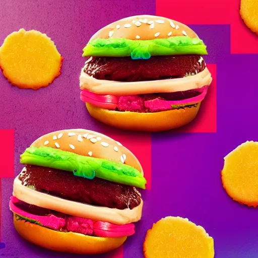 Image similar to synthwave hamburger with a sesame seed bun.