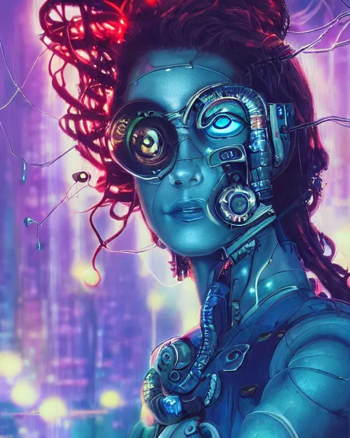 Prompt: a cyberpunk extreme close up portrait of cyborg medusa, electricity, snakes in hair, sparks, bokeh, soft focus, skin tones, warm, sky blue, sunny sky, by paul lehr, jesper ejsing