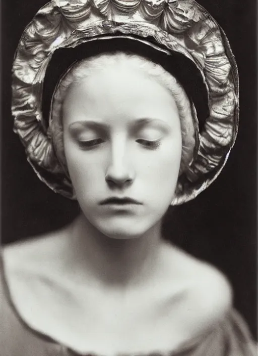 Image similar to portrait of young woman in renaissance dress and renaissance headdress, art by imogen cunningham