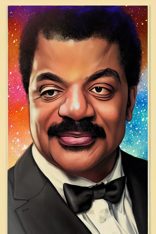 Prompt: Portrait of Neil deGrasse Tyson, intricate, surrealism cosmic background, highly detailed, digital painting, artstation, concept art, smooth, sharp focus, illustration, art by artgerm and greg rutkowski and alphonse mucha and Hajime Sorayama