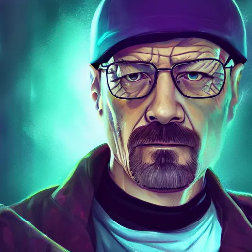 Image similar to high quality illustration, walter white realistic portrait, cyberpunk colors, riot game, alexandre bourlet, vaporwave, lois van baarle, league of legend, digital painting, james jean, dynamic colors, greg rutkuwsky, artstation, concept art