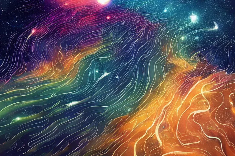 Image similar to an impression of data lines flowing in space, light spots flowing alongside the lines, implying the flow of ever long connection, trending on artstation, flowing within an interstater clouts!, making it's way across the vast universe, by cyril rolando, a person!!!!!!!!!