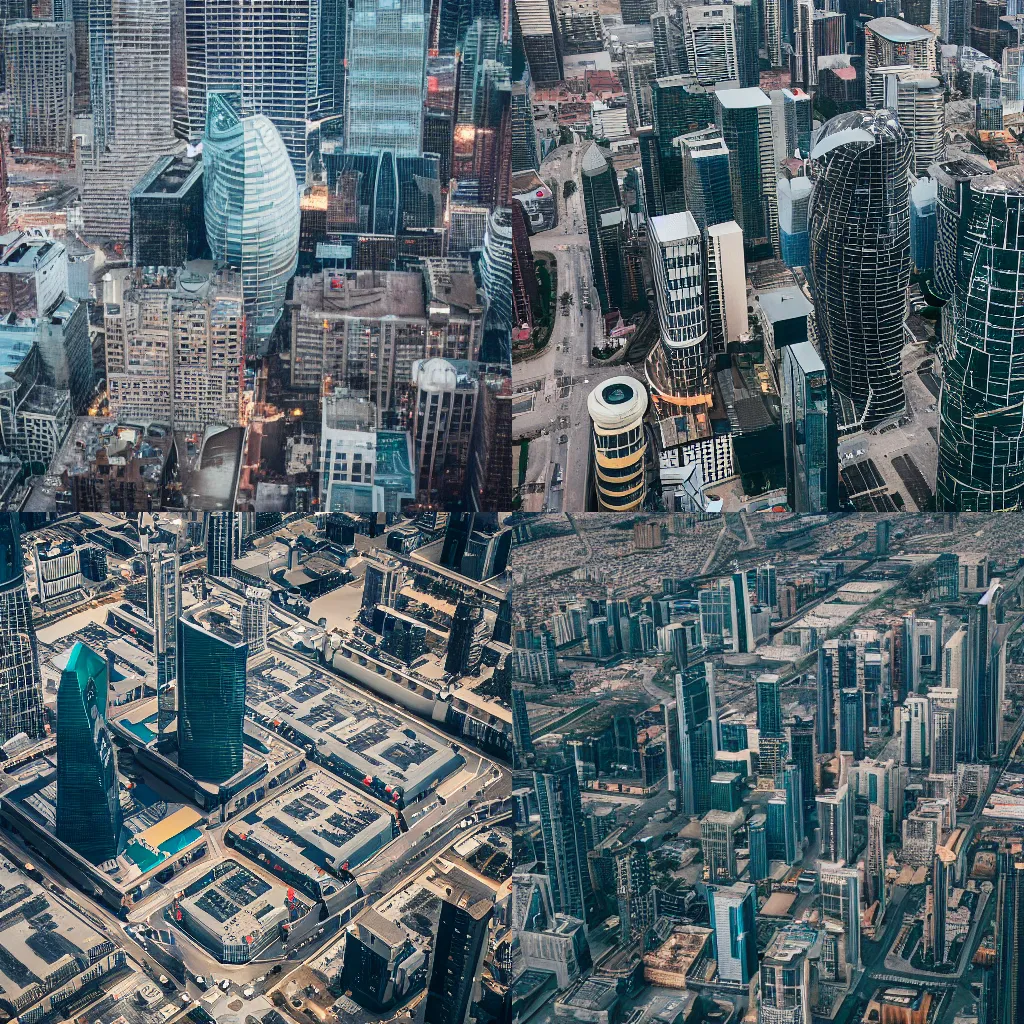 Prompt: Aerial view of dystopian megacorporation headquarters in the middle of a city, 85mm f/1.4