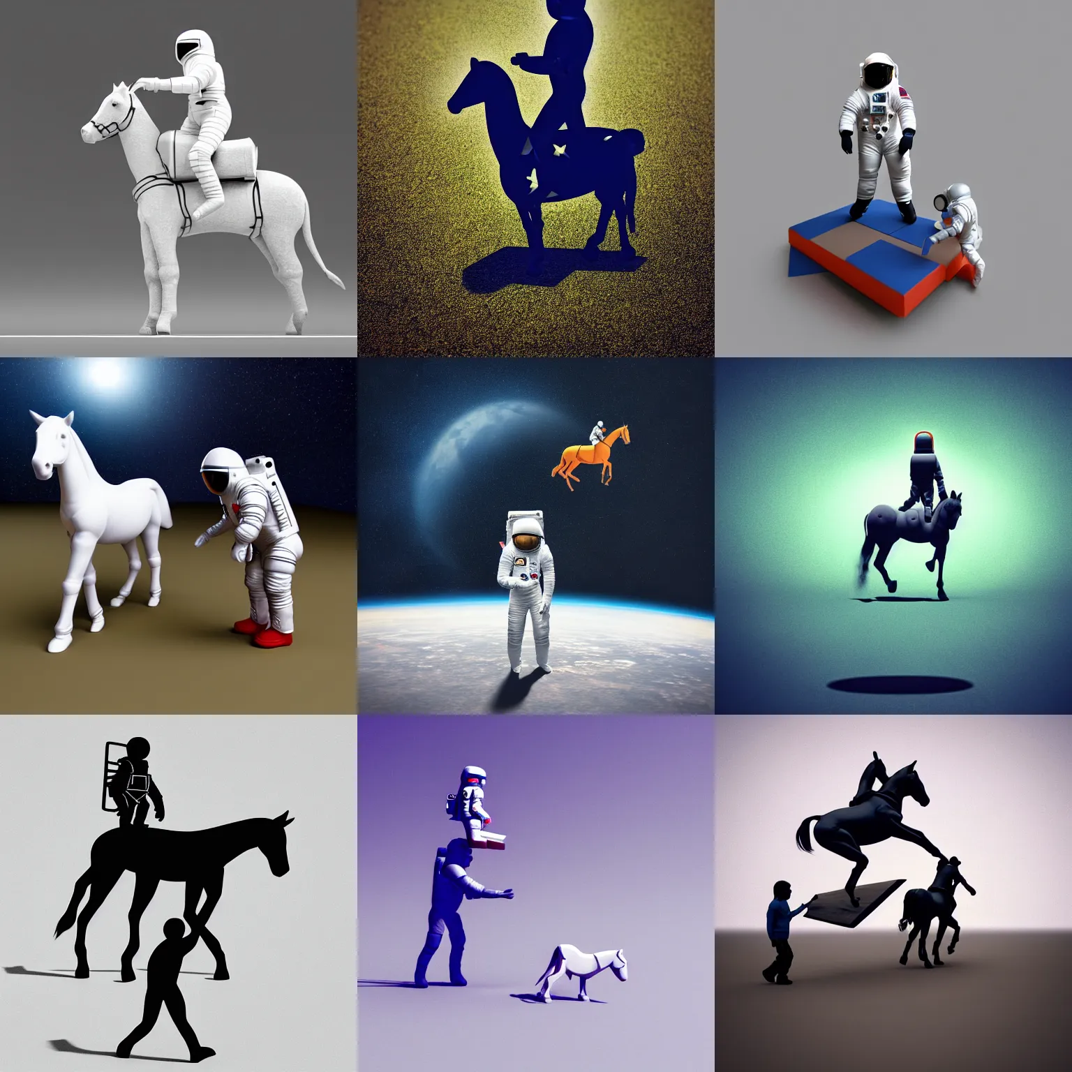 Prompt: an astronaut standing on the ground and a small trippy aggressive centaur standing on that poor little human standing on all fours astronaut, trying to ride it, the horse is on his shoulders and grabbing them, minimalist style, 3 d render, isometry