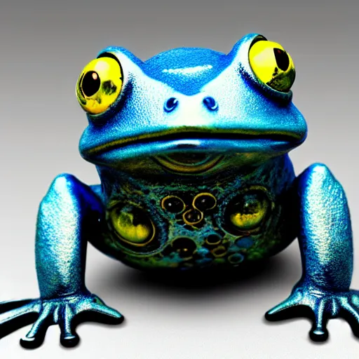 Image similar to anime mechanical blue steampunk frog with yellow eyes,, oil paint, cinematic light, 8 k, high detail