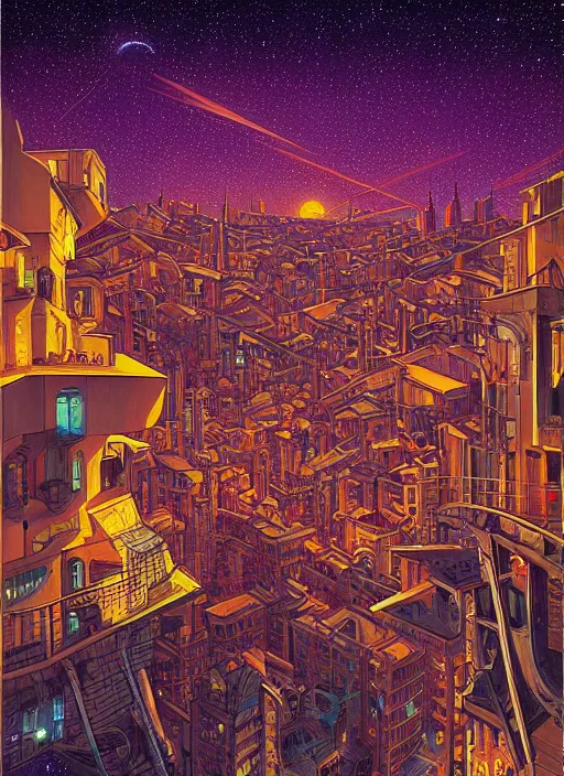 Image similar to ethereal starlit city at sunset, italian futurism, da vinci, Dan Mumford