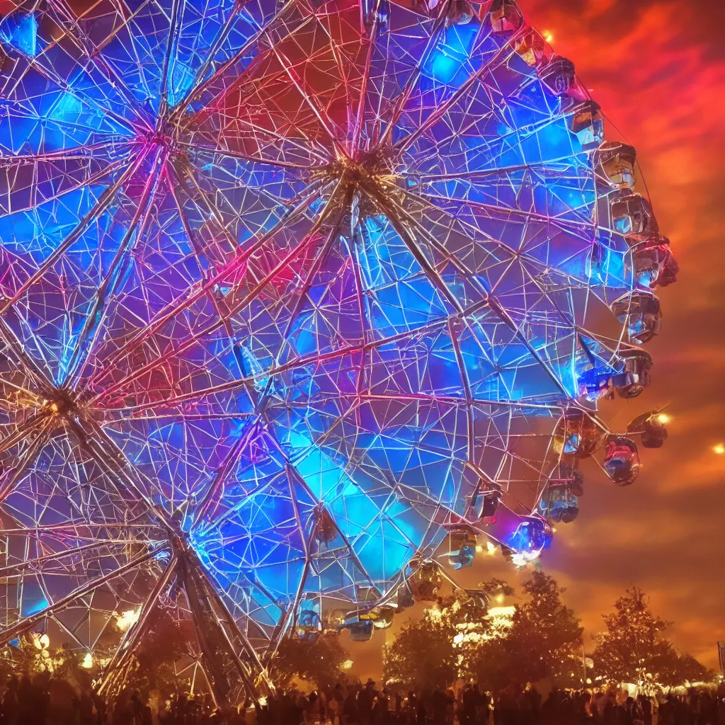 Image similar to Four-dimensional Ferris Wheel, space carnival, concept art, trending on Artstation, high definition, dramatic contrast, 8K, detailed, light bloom bokeh, blue hour