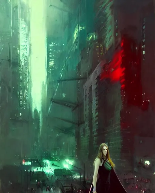 Prompt: Jeremy Mann art, artgerm, Mandy Jurgens art, cinematics lighting, beautiful Anna Kendrick supervillain, green dress with a black hood, angry, symmetrical face, Symmetrical eyes, full body, flying in the air over city, night time, red mood in background