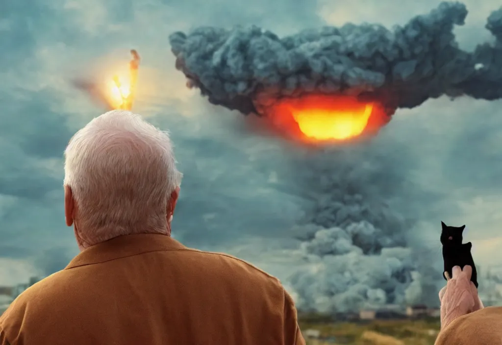 Image similar to old man with ( black cat ) watching nuke explosion cinematic, background blur bokeh, world ending nuke, 4 k