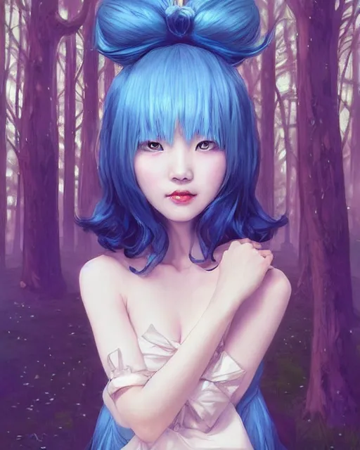 Image similar to symmetrical portrait of a pretty korean girl with blue hair dressed as alice in wonderland, beautiful sparkling blue eyes, dark forest background, moonlight, digital painting, 8 k, concept art, art by wlop, artgerm, greg rutkowski and alphonse mucha