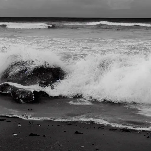 Prompt: an early black and white photo of a beach with sea waves crashing on the beach