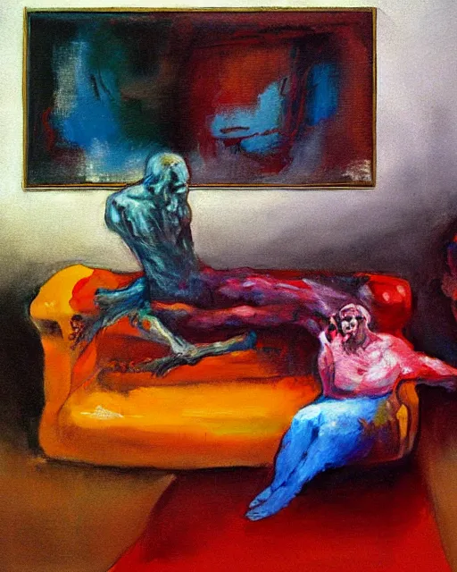 Image similar to thick flowing expressive impasto acrylic painting of an old dead couple sitting on a couch in an old soviet apartment, Beksinski painting, art by Adrian Ghenie and Gerhard Richter. Francis Bacon masterpiece, 2007 93 666