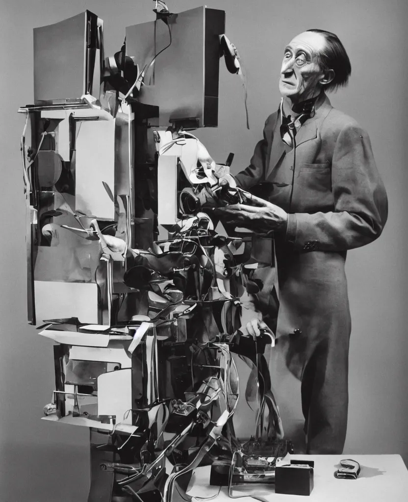 Prompt: Kodachrome portrait of Marcel Duchamp with an technological machine, archival pigment print in the style of Hito Steyerl, studio shooting, contemporary art