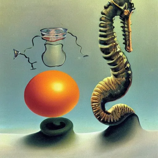 Image similar to A pair of long-snouted seahorses and a floating egg, oil painting by Salvador Dali.