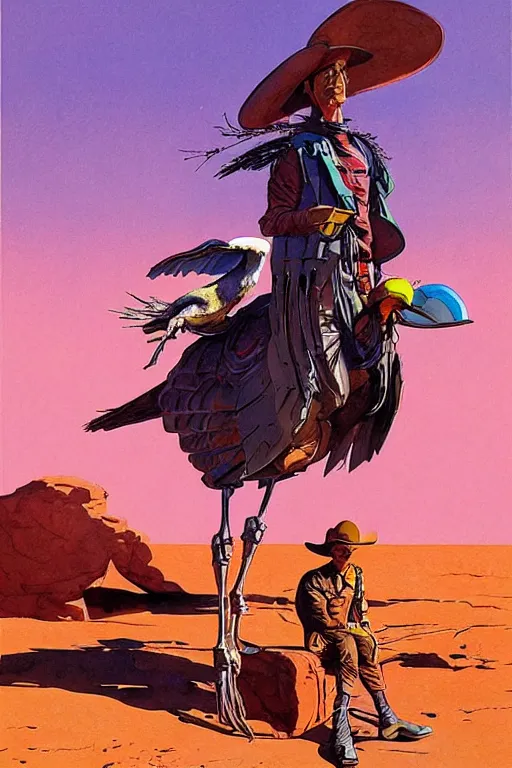 Prompt: scifi cowboy sitting on giant emu bird with backpack, science fiction, art by jean giraud, moebius, juan gimenez, greg manchess, in watercolor gouache detailed paintings, in style of syd mead, colorful comics style, artstation