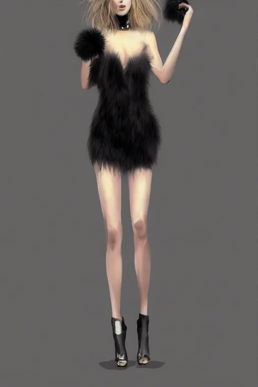 Prompt: full body aesthetic digital illustration of a beautiful young woman in a furry black mini dress, by wlop and Julia Razumova, realistic, Vogue, magazine photography, photorealistic, deviantArt, trending on artstation, artstation HQ