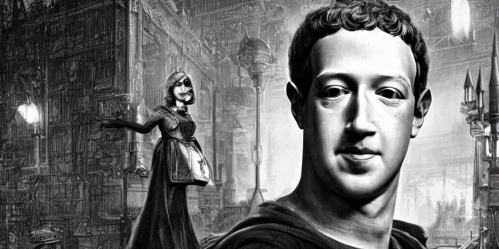 Prompt: a detailed illustration of Mark Zuckerberg against the background of 1984 Disney Land with cinders in a gloomy sky, artstation, Art Nouveau, sophisticated, depth of field,Unreal engine, dystopia, anti-utopia, post processing, nostalgic melancholic artwork, intricate