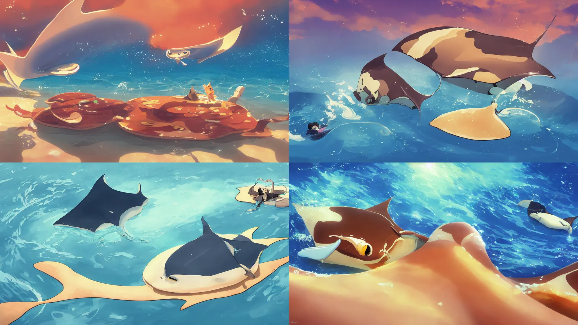 Prompt: painting of a happy flat pancake manta ray swimming in syrup, cute, 4 k, manta ray made of pancake, fantasy food world, living food adorable pancake, brown atmospheric lighting, by makoto shinkai, studio ghibli, ross tran