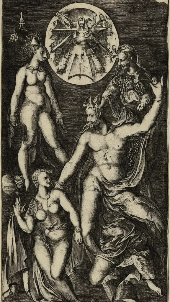 Image similar to esoteric etching print of the devil and his wife, amphitheatrum sapientiae aeternae, 1 5 9 5