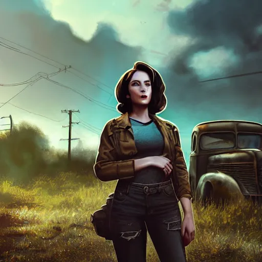 Image similar to fallout 5, charismatic brunette female protagonist, portrait, outdoors scene, somewhere in a low density rural town, retro rusted cars, atmospheric lighting, painted, intricate, volumetric lighting, beautiful, daytime, sunny weather, sharp focus, slightly desaturated, ultra detailed, by leesha hannigan, ross tran, thierry doizon, kai carpenter, ignacio fernandez rios