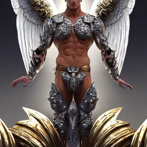 Prompt: a beautiful muscular symmetrical male angel wearing a silver armor with golden ornaments and diamonds jewelry by alex gray and android jones, karol bak, ayami kojima, amano, concept art, character design, fantasy, 3 d, 8 k resolution