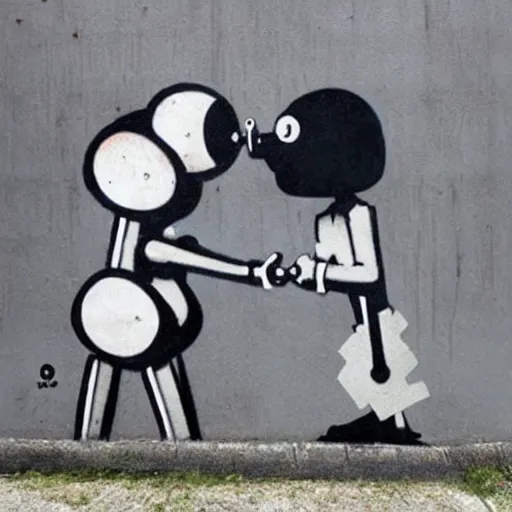 Image similar to robots kissing, street art, by banksy