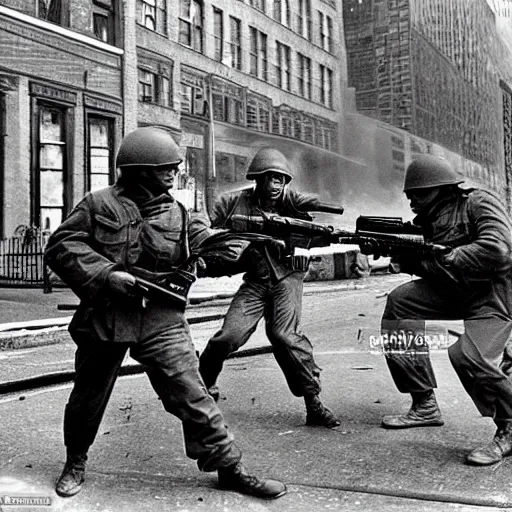Image similar to Epic shootout between Soviet and American troops on the streets of New York, powerful explosions, futuristic style, super detail of each object,