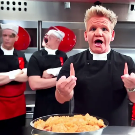 Image similar to gordon ramsay yelling at kfc employees in the kfc kitchen on kitchen nightmares. the employees are lined up and in their kfc uniforms. 4 k broadcast