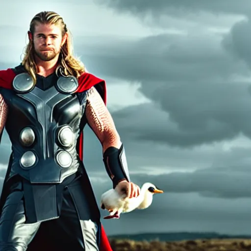 Image similar to chris hemsworth as thor is holding a duck, highly detailed, realistic face, 4k, hd