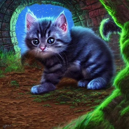 Image similar to rescue from the underworld, shadows of the past, chubby moss kitten, by jeff easley and Dylan Kowalski, highly detailed, digital painting, HDRI, by vivid colors, high contrast, 8k resolution, intricate, photorealistic, smooth