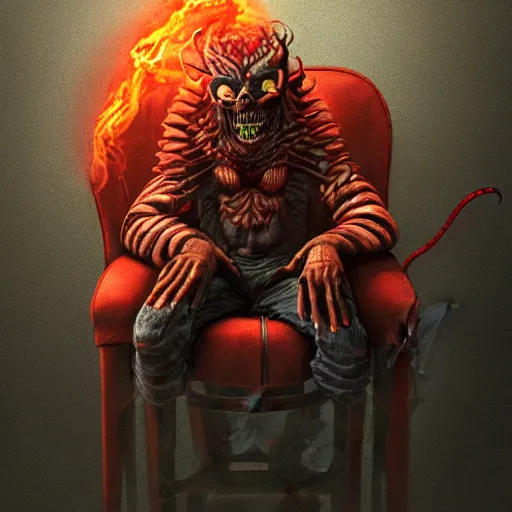 Image similar to realistic extremely detailed photo style portrait painting of a demon with smoke for a head and red burning eyes, siting in a chair, moebius, brom, ian miller, moody colors, octane render, 4k