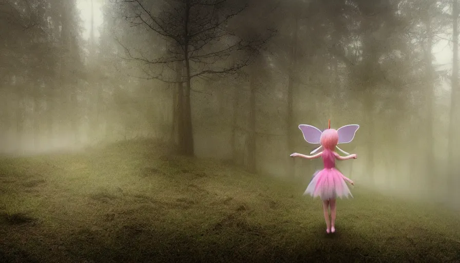 Image similar to a lonely single kawaii fairy in a eerie foggy forest, detailed, omnious atmosphere, symmetry body features, award winning