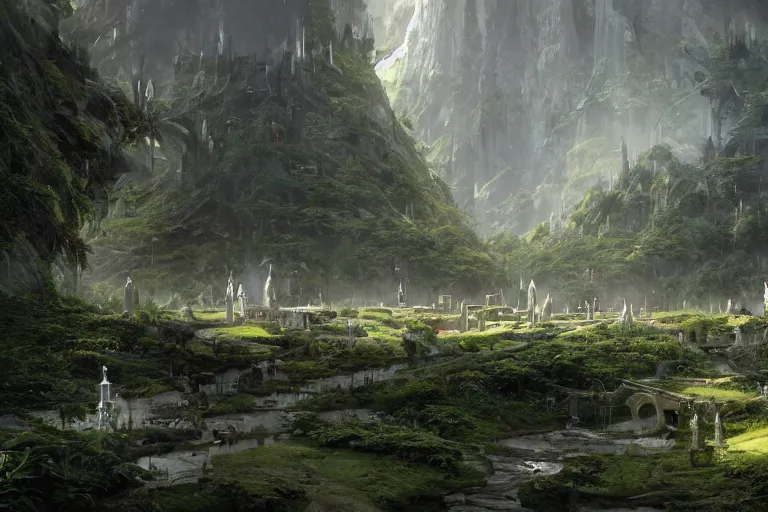 Image similar to An elven city at the base of a lush green basin with white monoliths surrounded by a moat by Greg Rutkowski, Sung Choi, Mitchell Mohrhauser, Maciej Kuciara, Johnson Ting, Maxim Verehin, Peter Konig, 8k photorealistic, cinematic lighting, HD, high details, dramatic, trending on artstation