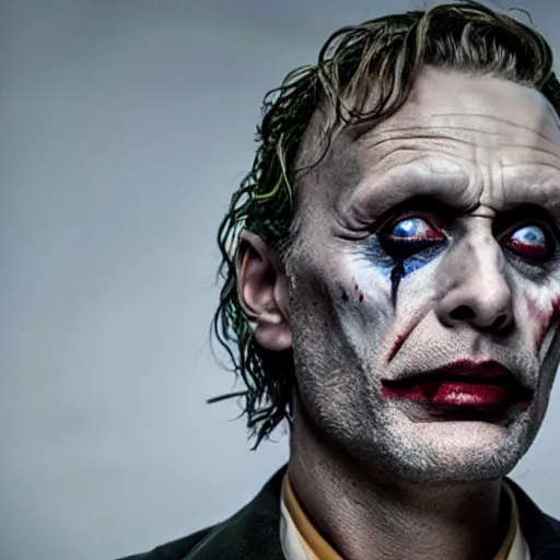 Image similar to mads mikkelsen as the joker, still from movie directed by martin Scorcese