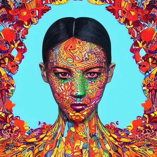 Image similar to the portrait of a beautiful young woman partially made up of peppers of all colors, an ultrafine detailed illustration by james jean, intricate linework, bright colors, final fantasy, behance contest winner, vanitas, angular, altermodern, unreal engine 5 highly rendered, global illumination, radiant light, detailed and intricate environment