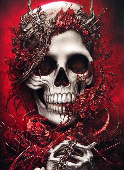 Image similar to Angry Queen of Hearts, Death Tarot card,highly detailed,half skull face,cinematic,8k,by Stanley Artgermm,Tom Bagshaw,Greg Rutkowski,Carne Griffiths, Ayami Kojima, Beksinski, Giger,trending on DeviantArt,hyper detailed,horror, full of colour