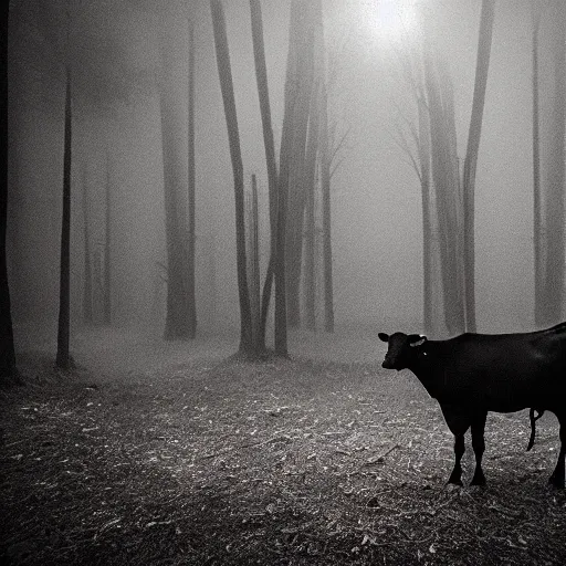 Image similar to low quality photograph of a cow looking at the camera at night, dark, creepy mood, dark forest, low lighting