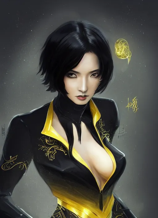 Image similar to a highly detailed illustration of meisa kuroki as short black haired young woman wearing black suit with coattails, yellow eyes, dramatic elegant pose, intricate, elegant, highly detailed, centered, digital painting, artstation, concept art, smooth, sharp focus, league of legends concept art, wlop.