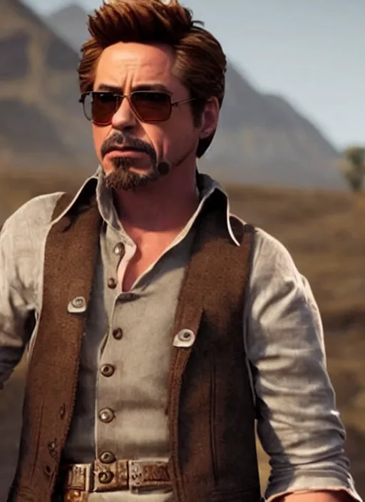 Image similar to an film still of robert downey jr as cowboy with beard, western background, unreal engine. amazing likeness. very detailed.