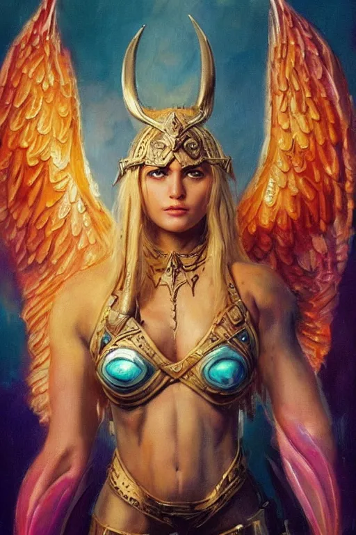 Prompt: An oil painting of the beautiful blonde Valkyrie viking goddess of birth, very aesthetic, detailed face, neon-yellow-holographic wings, by Frank Frazetta, Greg Rutkowski, Boris Vallejo, Neal Hanson, Christian MacNevin, epic fantasy character art, goddess of anger, teal-neon viking runes, high fantasy, full length, exquisite detail, post-processing, low angle, masterpiece, cinematic, odin's stone arena background