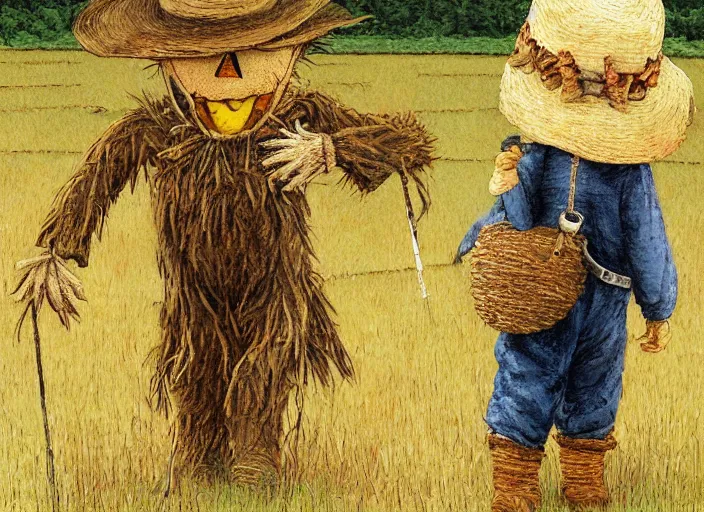 Prompt: a cute short and wide scarecrow with straw for hair and with a straw hat in overalls walking on a dirt road next to a large tall corn field, by tom lovell, ross tran, terry redlin, jean baptiste monge, beatrix potter, painterly