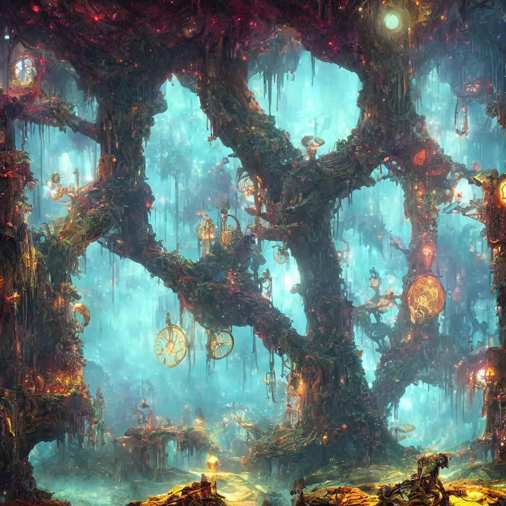 Prompt: a surreal dreamlike scene of a clockwork tree in an massive underground cavern, beautiful fantasy painting, vibrant colors, magical atmosphere, cinematic lighting, hyperdetailed 3D matte painting, 8k ultraHD octane render, masterpiece