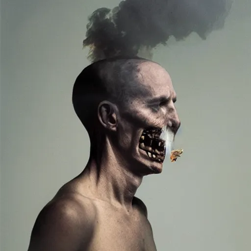 Prompt: a man's head replaced with a puff of smoke, annie liebowitz