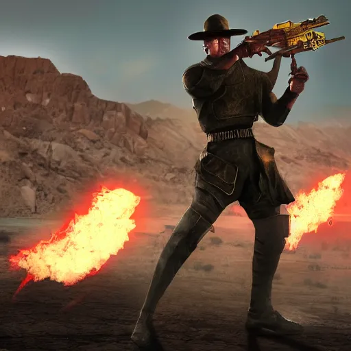 Prompt: new vegas ncr veteran ranger fighting donald trump, concept art, 4 k